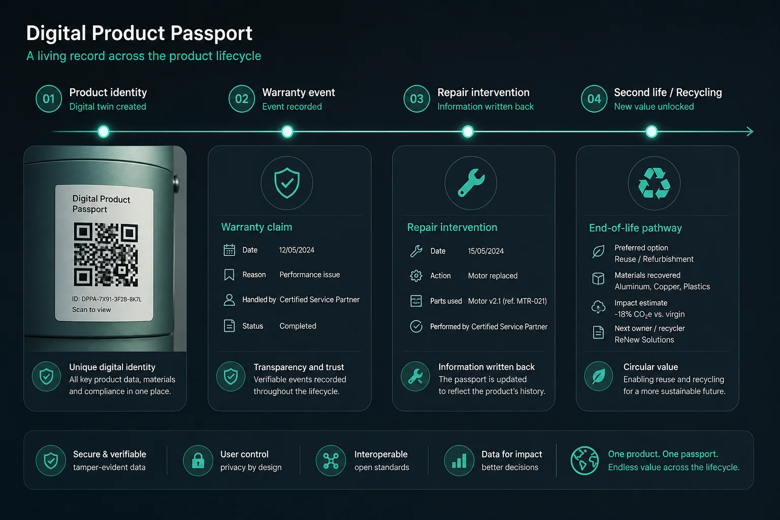 Schéma d’un passeport produit vivant : identité, garantie, réparation et seconde vie reliées